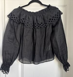 Frame Black Eyelet Top Long Sleeve Off The Shoulder Sheer Delicate Small Modern